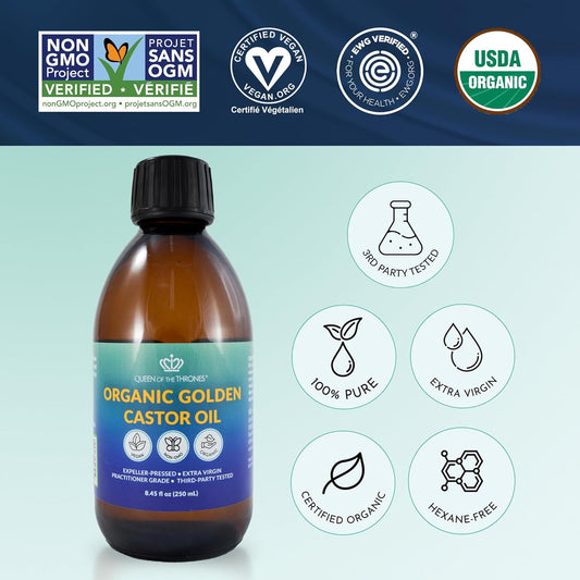 Queen Of The Thrones Organic Golden Castor Oil - 8.45Oz (250Ml) | 100% Pure & Expeller-Pressed For Hair, Skin & Nails | Hexane-Free | Usda Certified Organic