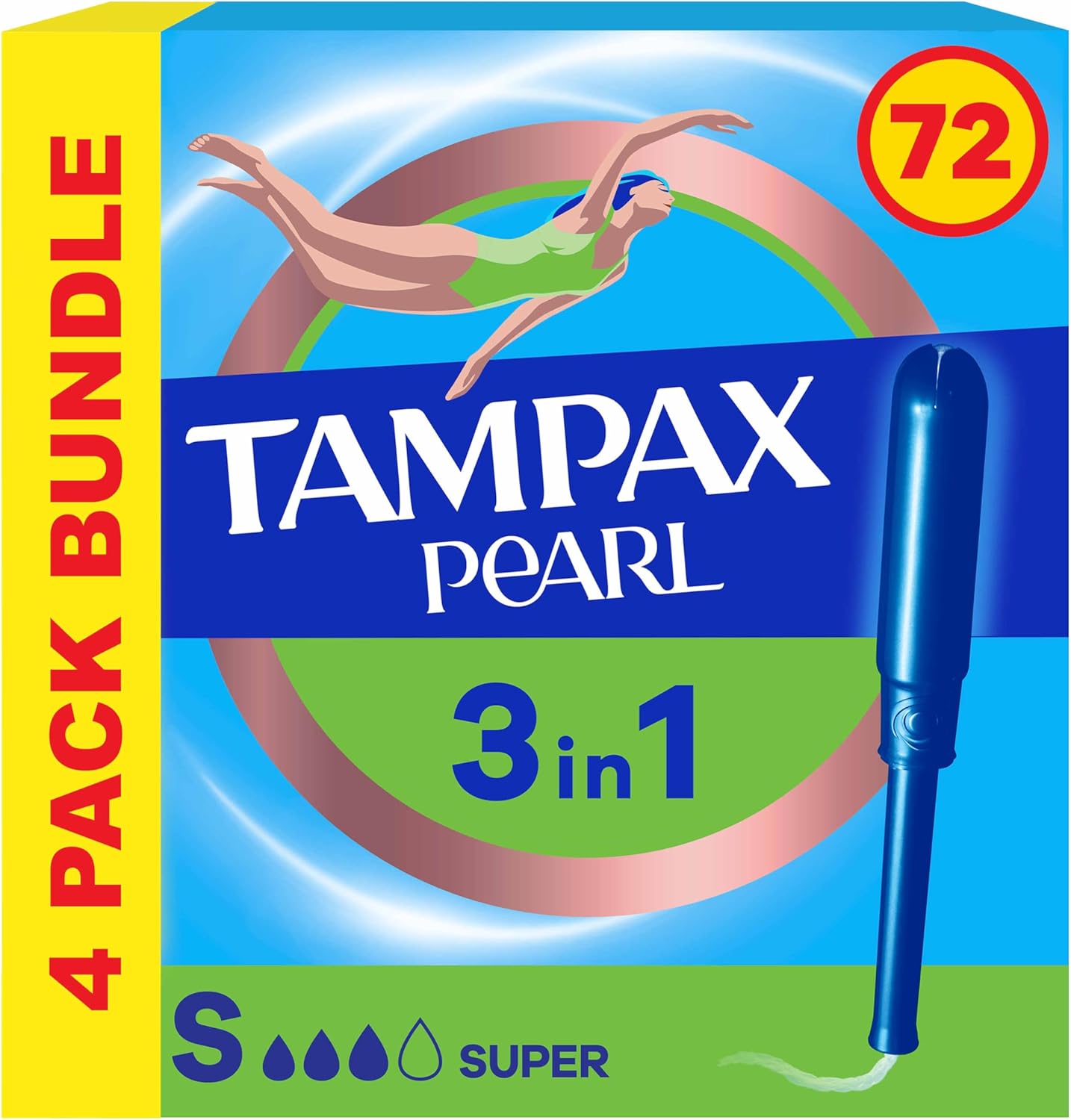 Tampax Pearl Super Tampons With Applicator, 72 Tampons (18 X 4 Packs), Leak Protection And Discretion
