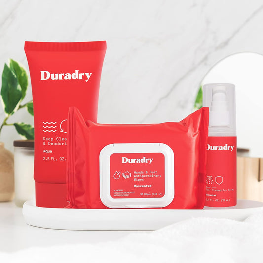 Duradry Feet System - Stops Sweaty Feet, Helps Control Foot Odor & Sweat, Infused with Vitamins and Minerals, Dermatologist Recommended - Body Wash, Antiperspirant Wipes, Body Deodorant Spray