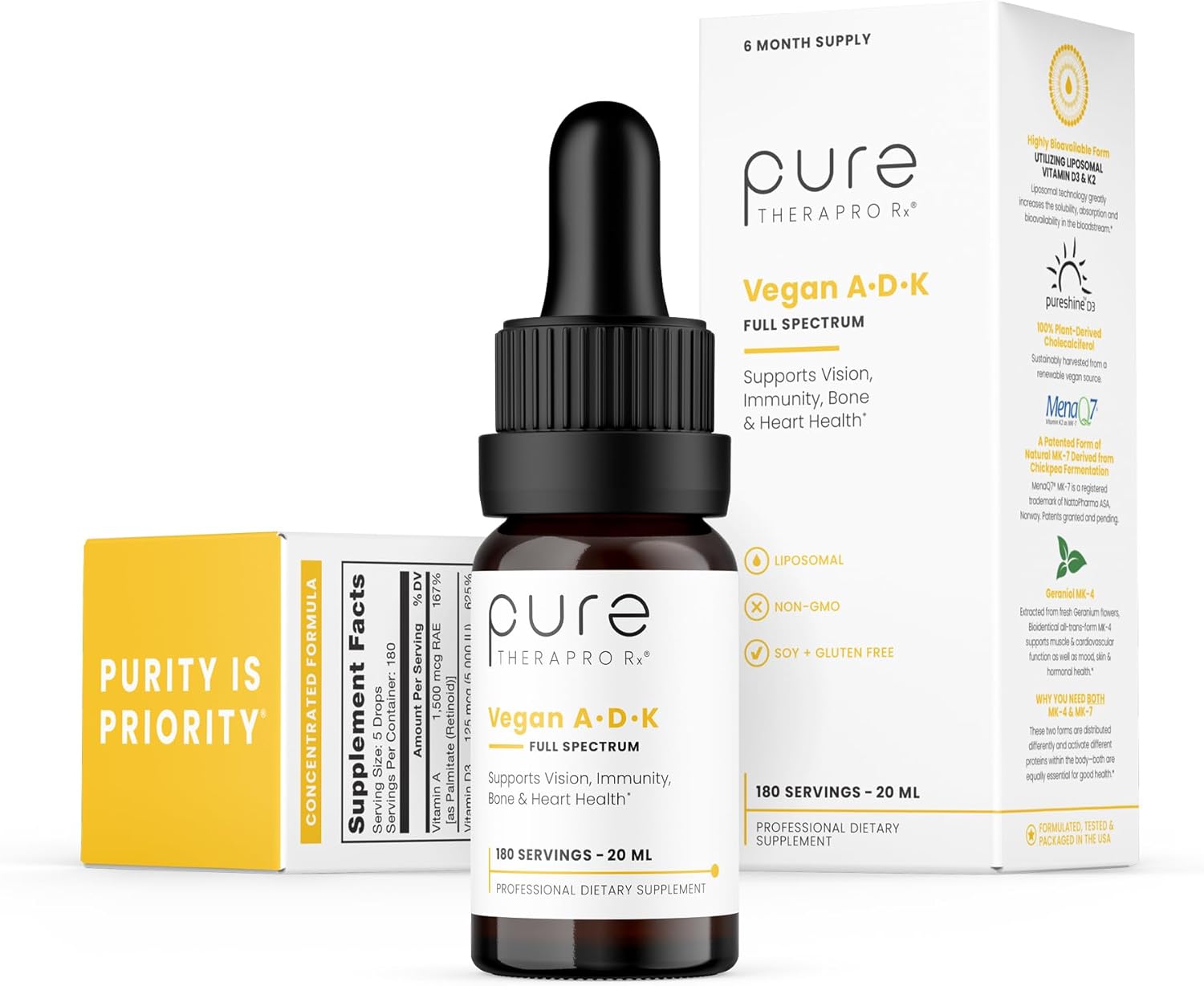 Pure Therapro Rx Vegan A-D-K Drops 10 Ml, Made In Usa | 3 Month Supply | Vitamin A (Palmitate), Liposomal Vitamin D3 (Pureshine), Liposomal Vitamin K2 (Mk-4 & Mk-7) Supports Immunity & Bone Health