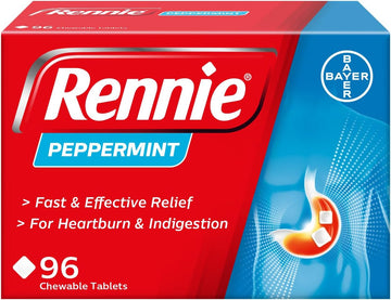 Rennie Peppermint Flavour Antacid, Heartburn And Indigestion Chewable Tablets, 1 Pack Of 96 Tablets - Gets To Work In 60 Seconds For Fast And Effective Heartburn Relief
