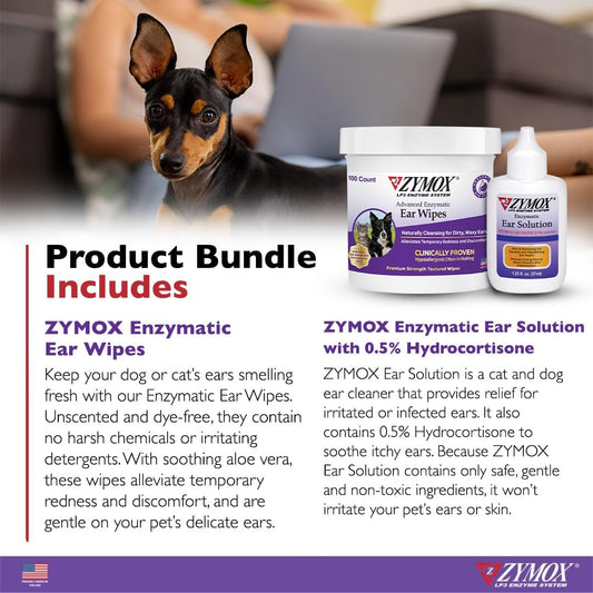 Zymox Enzymatic Ear Wipes And Ear Solution For Dogs And Cats - Product Bundle - For Dirty, Waxy, Smelly Ears And To Soothe Ear Infections