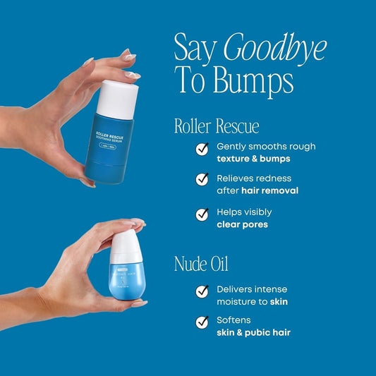 Bushbalm Ingrown Hair Roller Rescue And Nude Oil Bundle - Includes Aha & Bha - Exfoliating, Soothing, Cooling For Intimate Areas, Underarms - Helps With Razor Bumps And Ingrown Hairs, Blue (Bundle)