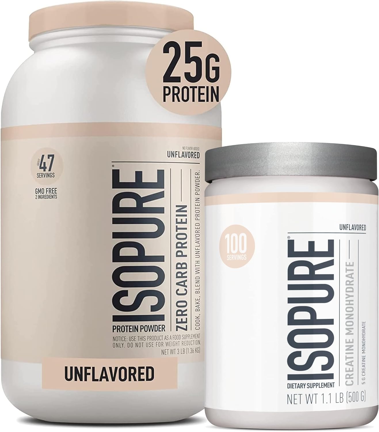 Isopure Unflavored Bundle Unflavored Whey Protein Isolate (47 Servings) Unflavored Creatine Monohydrate (100 Servings)