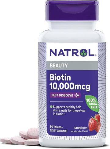 Natrol Beauty Biotin 10000Mcg, Dietary Supplement For Healthy Hair, Skin, Nails And Energy Metabolism, 60 Strawberry-Flavored Fast Dissolve Tablets, 60 Day Supply