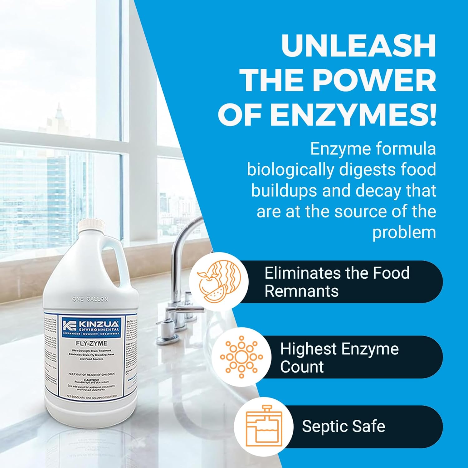 Kinzua Environmental Fly-Zyme, Highly Concentrated Enzyme Drain Cleaner For Pipes, Drain Gel For Fruit Flies, Organic Waste Degrader & Odor Neutralizer, 1 Gallon