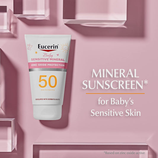 Eucerin Sun Sensitive Mineral Baby Sunscreen Lotion Spf 50, Mineral Sunscreen For Babies With Zinc Oxide Protection, Tear Free, Hypoallergenic And Fragrance Free, 4 Fl Oz Tube