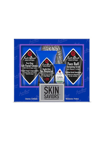 Jack Black Skin Saviors Set – Pure Clean Daily Facial Cleanser, Double-Duty Face Moisturizer Spf 20, Intense Therapy Lip Balm Spf 25 Natural Mint & Shea Butter, & Face Buff Energizing Scrub