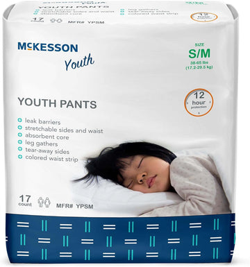 McKesson Youth Pants, Overnight Pediatric Pants for Boys or Girls, Disposable Training Pant, 12 Hour Protection - Size Small/Medium, 38-65 lbs, 17 Count, 4 Packs, 68 Total