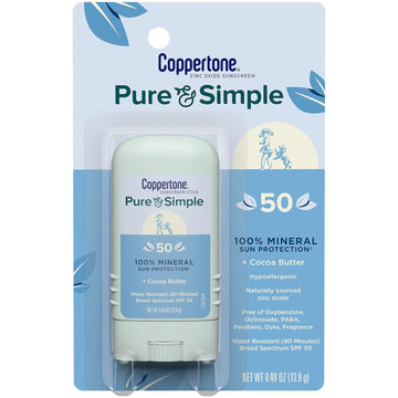 Coppertone Pure and Simple Zinc Oxide Mineral Sunscreen Stick SPF 50, Face Sunscreen Stick, Water Resistant, Broad Spectrum SPF 50 Sunscreen for Sensitive Skin, 0.49 Oz Stick