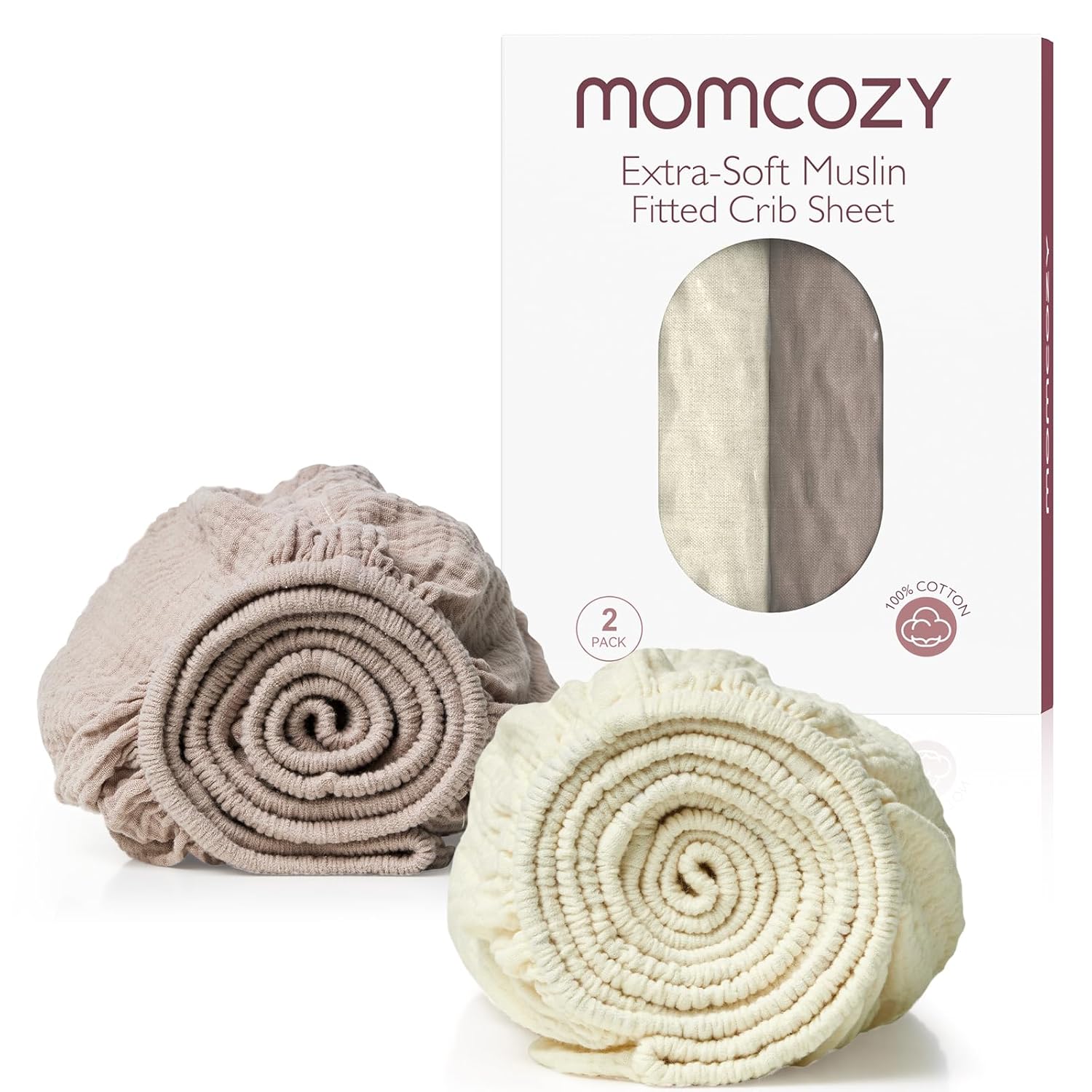 Momcozy Muslin Standard Fitted Crib Sheets, 52"X28", 2 Pack Soft Breathable Natural Cotton Baby Mattress Sheet, 360° Mattress Wrapping No Slip Boys Girls Neutral Toddler Bed Sheet, Cream Coffee Red