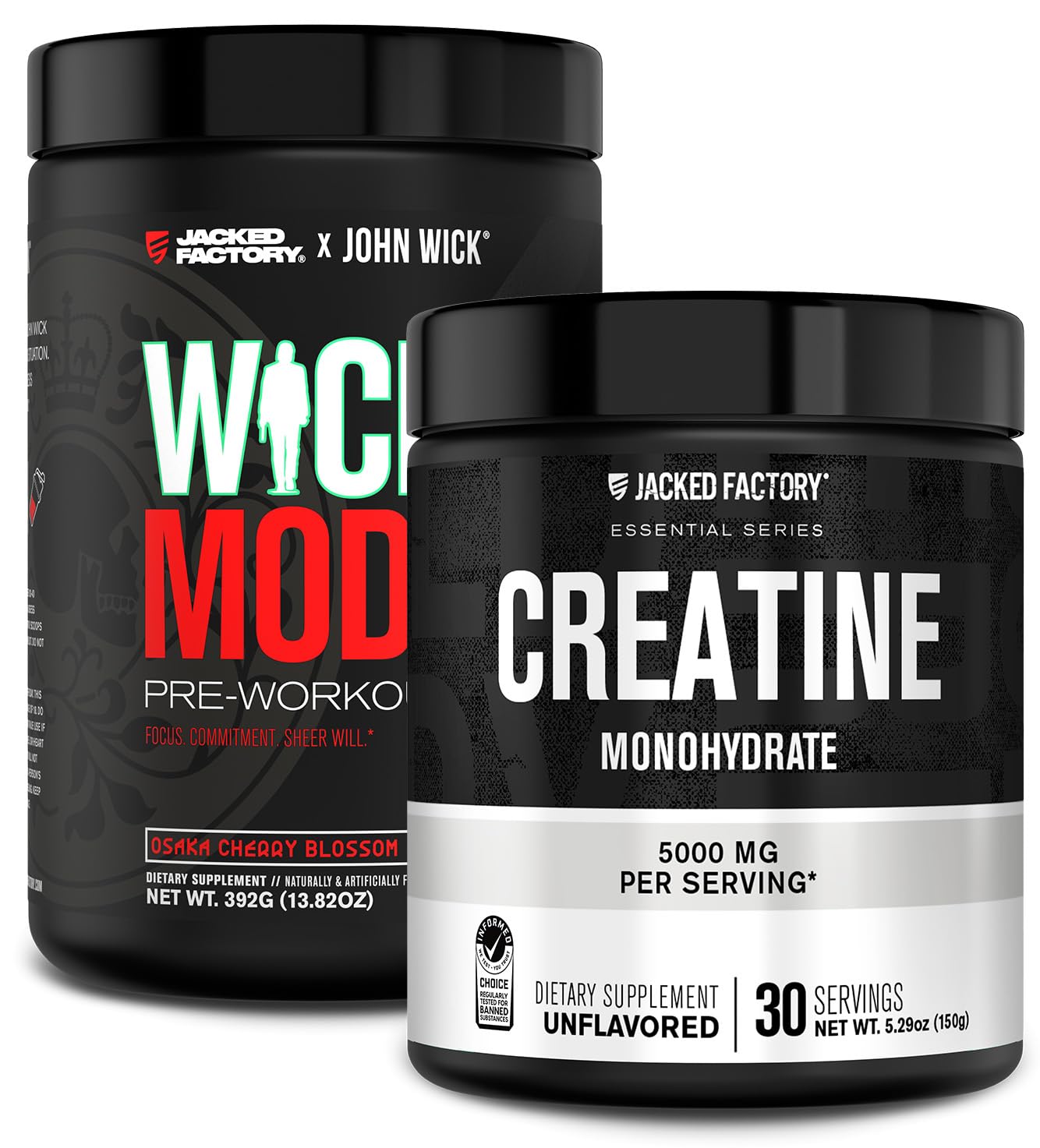 Jacked Factory X John Wick - Wick Mode Pre Workout Powder (Osaka Cherry Blossom, 40 Servings) & Creatine Monohydrate Powder (Unflavored, 30 Servings)