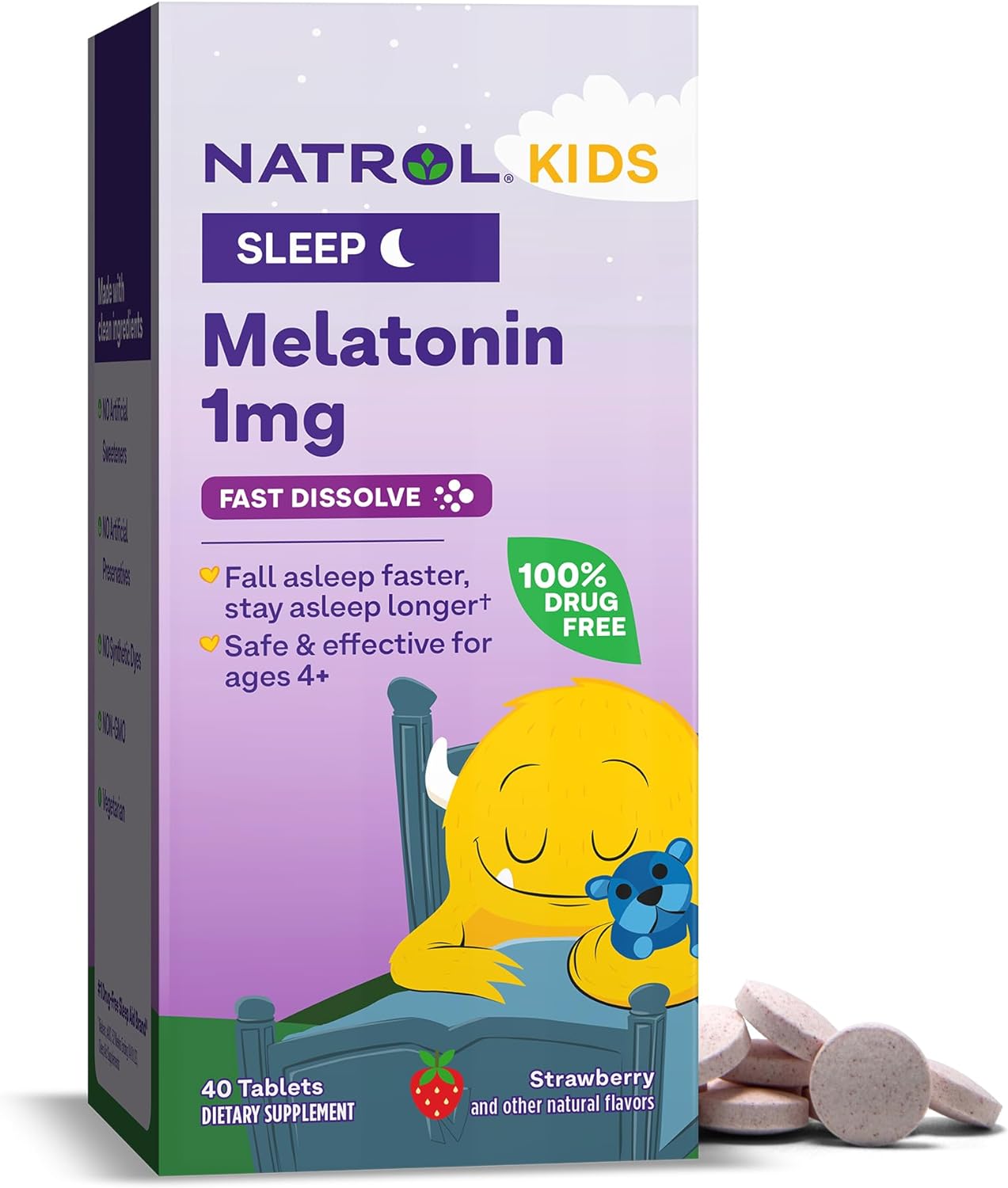 Natrol Kids Fast Dissolve Melatonin 1 Mg, Dietary Supplement For Restful Sleep, Sleep Tablets For Kids, 40 Strawberry-Flavored Melatonin Tablets, 40 Day Supply