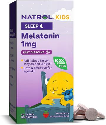 Natrol Kids Fast Dissolve Melatonin 1 mg, Dietary Supplement for Restful Sleep, Sleep Tablets for Kids, 40 Strawberry-Flavored Melatonin Tablets, 40 Day Supply