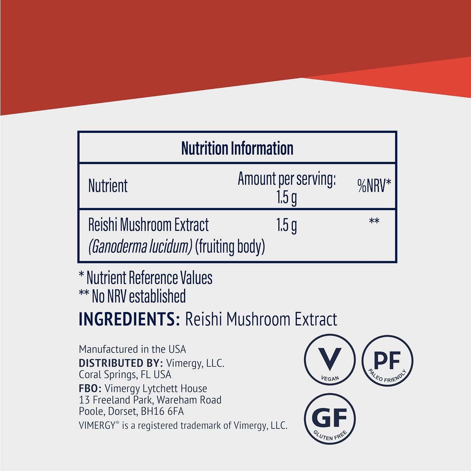 Vimergy Reishi Mushroom Powder, 33 Servings – Reishi Mushroom Extract – Vegan Mushroom Supplement – Formulated Without Anti-Caking Agents, Fillers, Flavors, Or Sugar – Non-Gmo & Gluten-Free (50G)