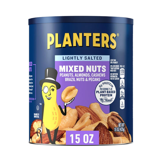 Planters Lightly Salted Mix Nuts, Party Snacks, Plant-Based Protein, 15 Oz Canister