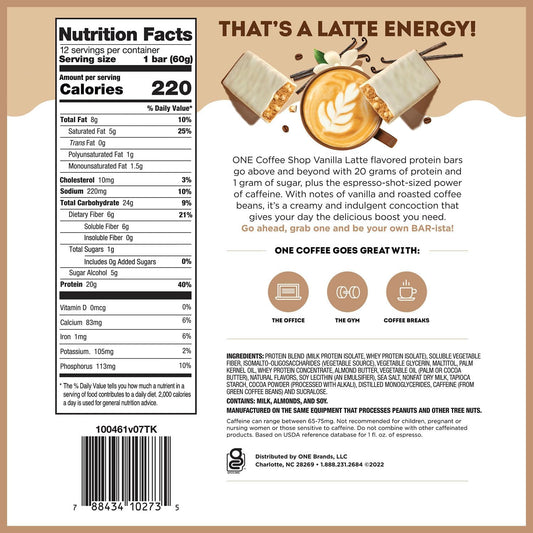 One Coffee Shop Caffeinated Protein Bars, Vanilla Latte, Gluten Free With 20G Protein And 65Mg Of Caffeine Energy, Pantry Staples, 2.12 Oz (12 Count)