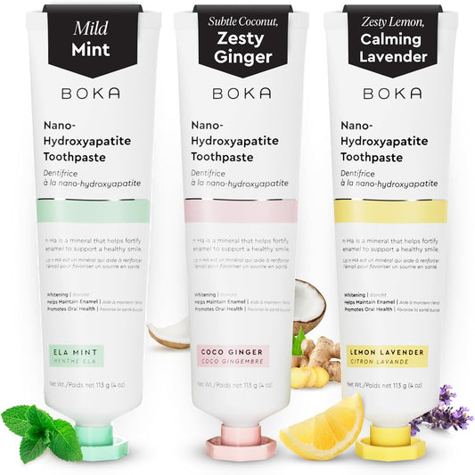 Boka Fluoride Free Toothpaste- Nano Hydroxyapatite, Remineralizing & Whitening- Dentist Recommended For Adult, Kids- Ela Mint, Coco Ginger, Lemon Lavender Flavor, 3 Piece Assortment- Us Manufactured