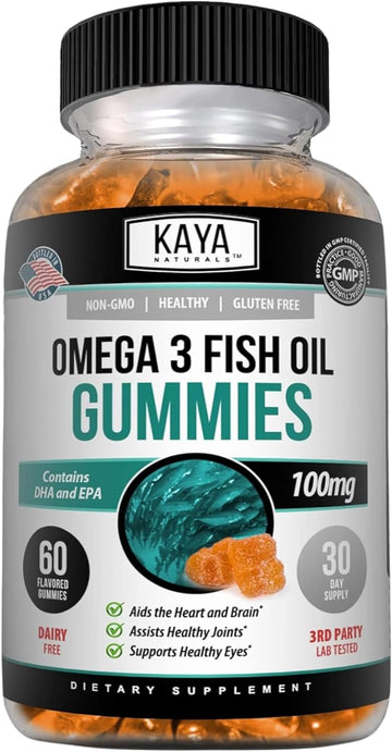 Kaya Naturals Omega 3 Fish Oil Gummies | Best Source of Omega 3 | Fish Oil Supplement with EPA & DHA Fatty Acids | Helps Support Brain, Eye & Joint | Heart Health & Immune Support | Non-GMO - 60 Count