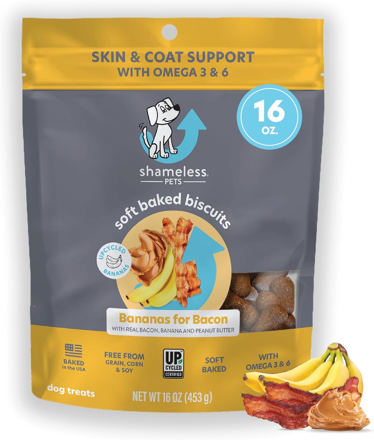 Shameless Pets Soft-Baked Dog Treats - Bananas for Bacon, Grain-Free Dog Snacks for Medium & Large Dogs, Natural & Healthy Dog Chews with Omega 3 & 6, Doggy Treats for Older & Senior Dogs, Made in USA