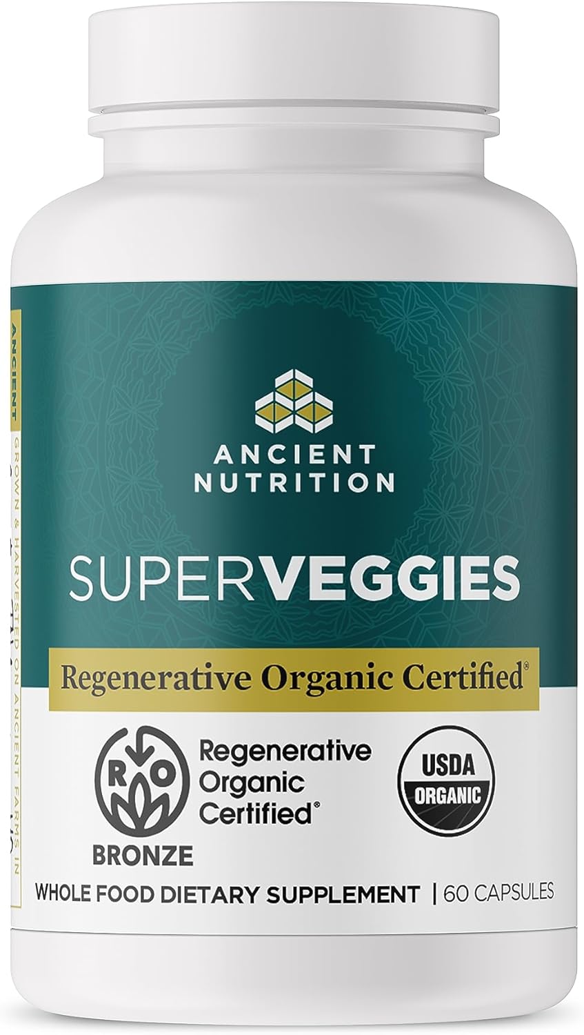 Ancient Nutrition Regenerative Organic Certified Superveggies Capsules, Supports Gut And Immune System Health, Made With Probiotics, Kale, Broccoli, And Spinach, 60 Count