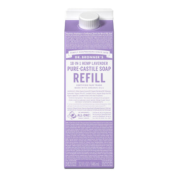 Dr. Bronner's - Pure-Castile Liquid Soap Refill, 82% Less Plastic per Quart, Made with Organic Oils, For Face, Body, Hand Soap Refill (32oz, Lavender)