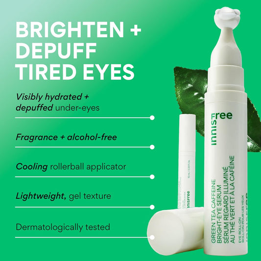 Innisfree Green Tea Caffeine Depuffing Eye Serum With Niacinamide, Cooling Korean Eye Roll-On For Hydration And Brightening
