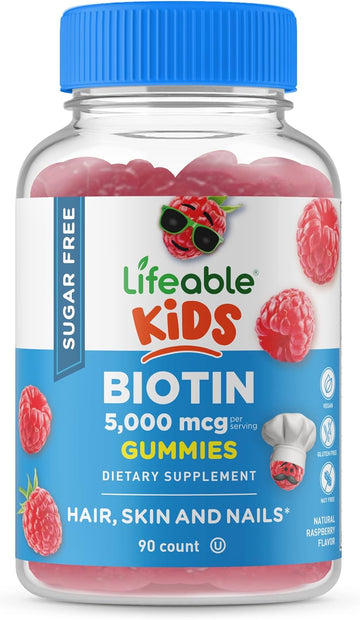 Lifeable Sugar Free Biotin Gummies for Kids ? 5000mcg ? Great Tasting Natural Flavor Supplement Vitamins ? Vegetarian GMO-free Chewable ? for Hair, Skin and Nails Support ? for Children ? 90 Gummies