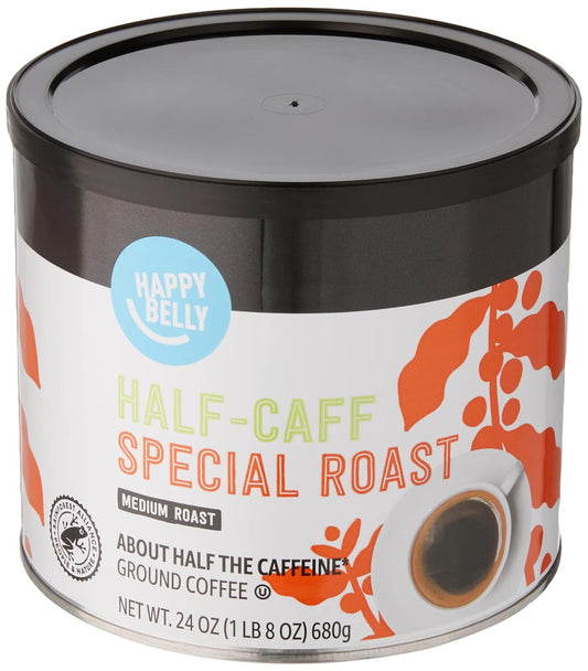 Amazon Brand - Happy Belly Half Caffeine Canister Ground Coffee, Medium Roast, 1.5 pound (Pack of 1)