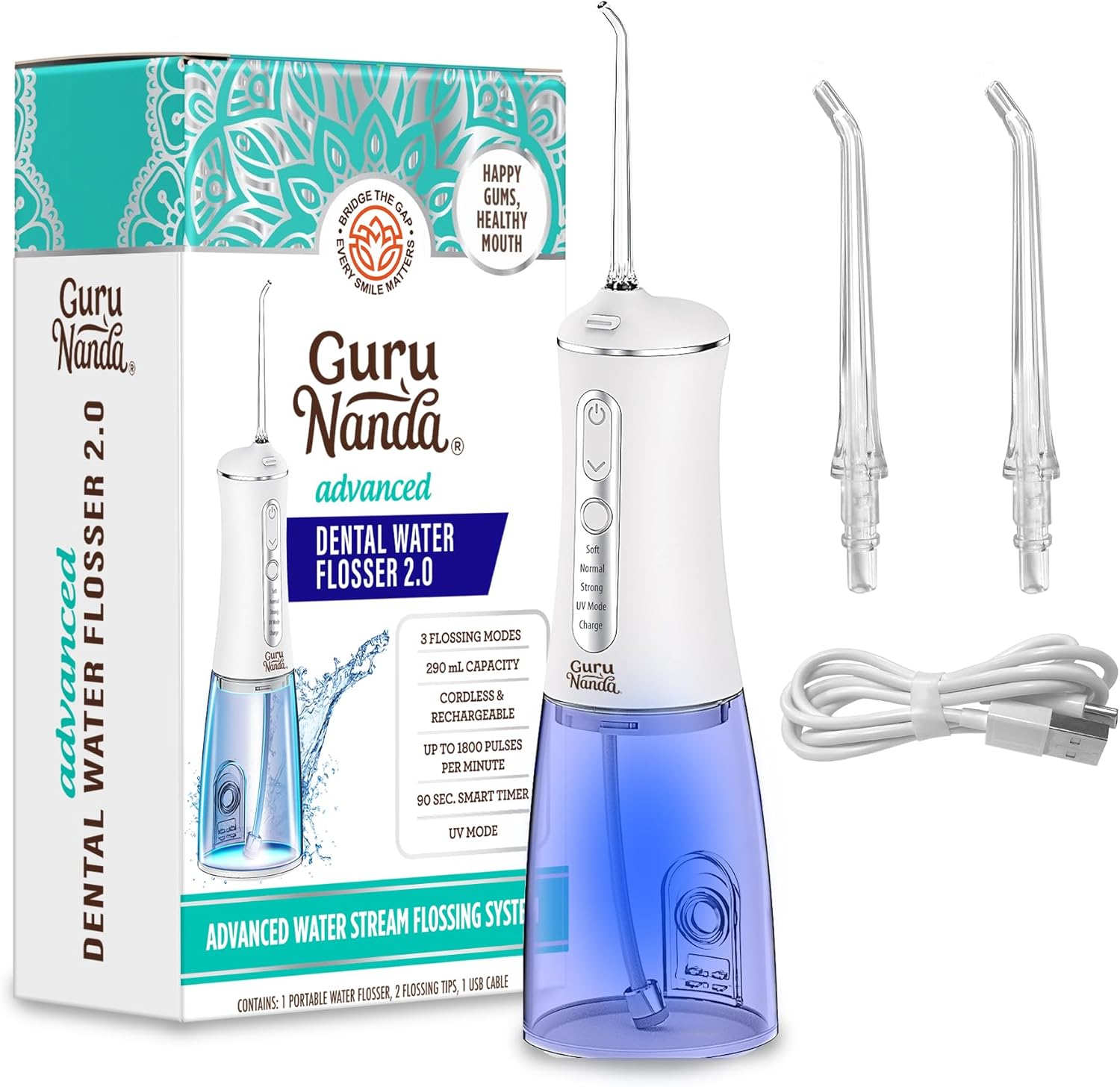 Gurunanda Advanced Dental Water Flosser 2.0 With Uv Mode - Cordless And Portable - 290 Ml Water Tank, 3 Modes, Rechargeable For Healthy Teeth And Gums