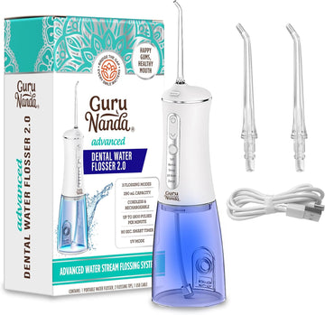 Gurunanda Advanced Dental Water Flosser 2.0 With Uv Mode - Cordless And Portable - 290 Ml Water Tank, 3 Modes, Rechargeable For Healthy Teeth And Gums