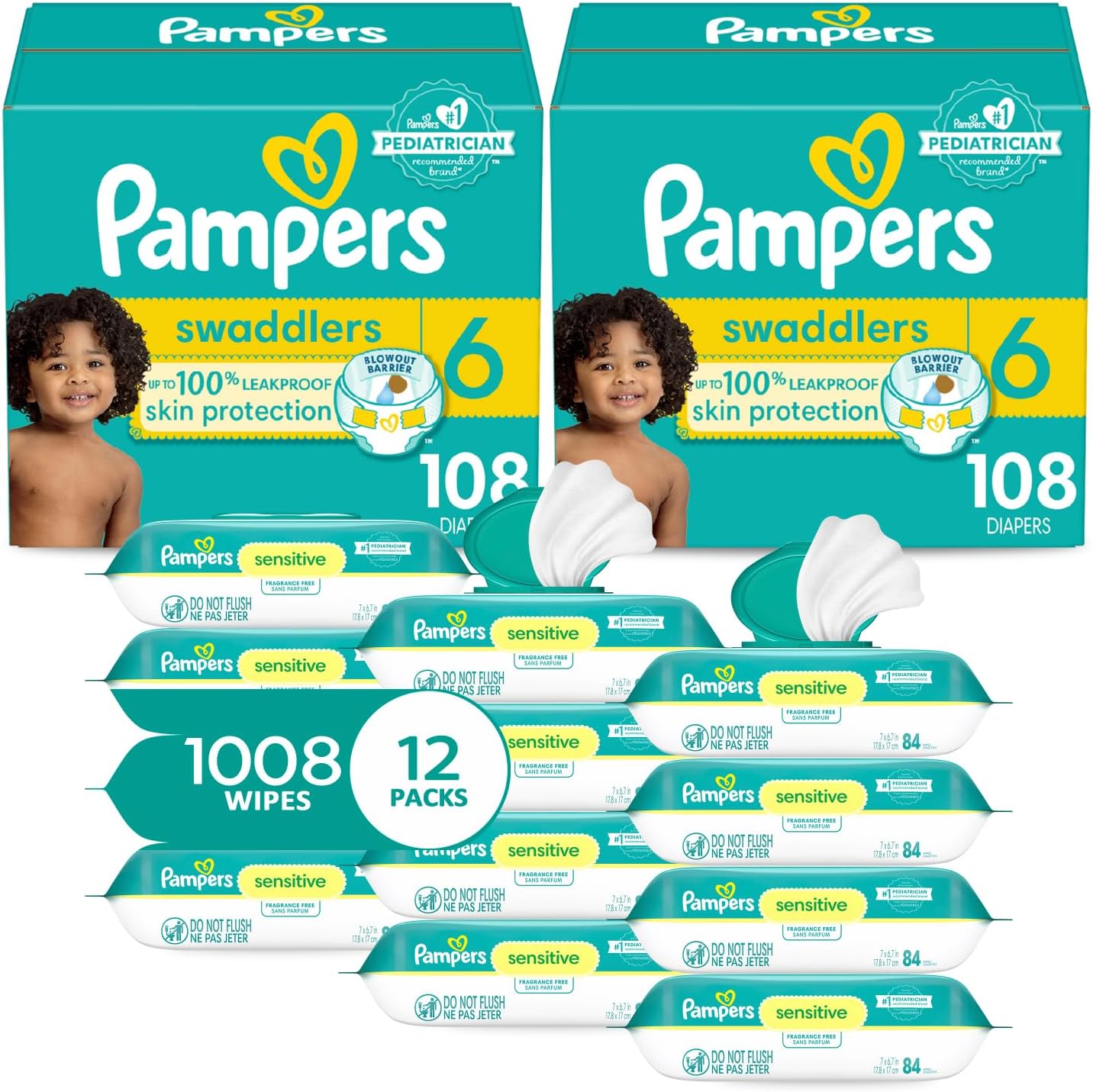 Pampers Swaddlers Disposable Baby Diapers Size 6, 2 Month Supply (2 X 108 Count) With Sensitive Water Based Baby Wipes 12X Multi Pack Pop-Top And Refill (1008 Count)