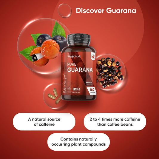 Caffeine Supplement With No Jitter - 4X More Caffeine Than Coffee - 180 Guarana Capsules (3 Months Supply) - Vegan Pills With No After Effects - Guarana Tablets Alternative