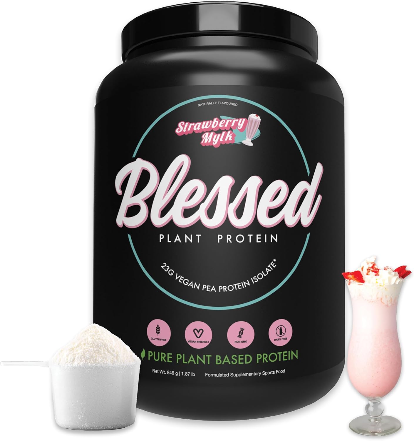 Blessed Vegan Protein Powder - Plant Based Protein Powder Meal Replacement Protein Shake, 23G Of Pea Protein Powder, Dairy Free, Gluten Free, Soy Free, No Sugar Added, 30 Servings (Strawberry Mylk)