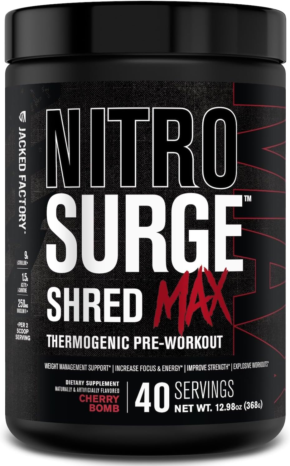 Jacked Factory Nitrosurge Shred Max Preworkout - High-Performance Thermogenic Pre Workout Powder For Men And Women With L Citrulline, Acetyl L Carnitine, Organic Caffeine - 40 Servings, Cherry Bomb