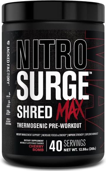 Jacked Factory Nitrosurge Shred Max Preworkout - High-Performance Thermogenic Pre Workout Powder For Men And Women With L Citrulline, Acetyl L Carnitine, Organic Caffeine - 40 Servings, Cherry Bomb