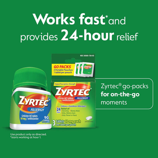 Zyrtec 24 Hour Allergy Relief Tablets, Indoor And Outdoor Allergy Medicine With 10 Mg Cetirizine Hcl Per Antihistamine Tablet, Value Pack, 90 Ct + 3 Ct Travel Packs