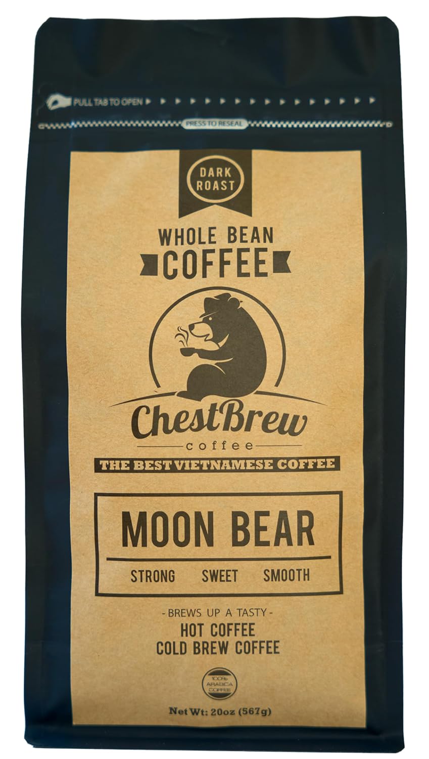 Chestbrew Whole Bean Coffee. Strong Dark Roast Vietnamese Coffee - Moon Bear Premium 20 Ounce Bag