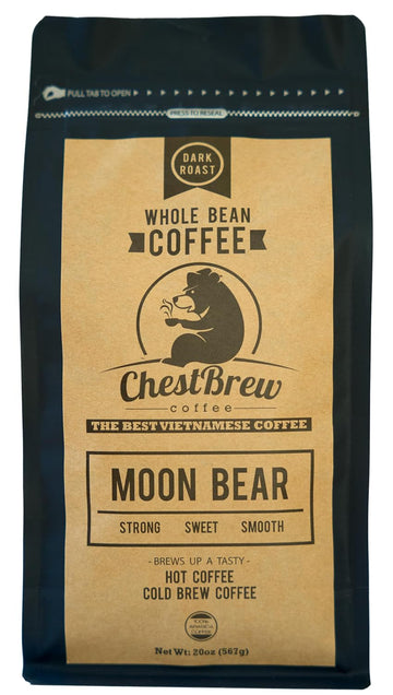 Chestbrew Whole Bean Coffee. Strong Dark Roast Vietnamese Coffee - Moon Bear Premium 20 Ounce Bag