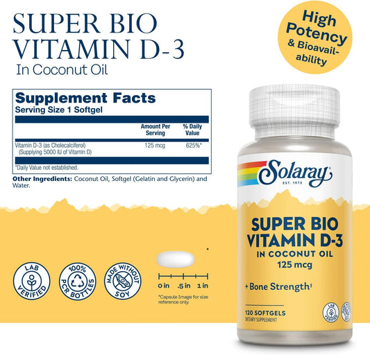 Solaray Super Bio Vitamin D-3 In Coconut Oil, Healthy Bone Strength & Immune Support, No Soy, 120 Servings, 120 Softgels