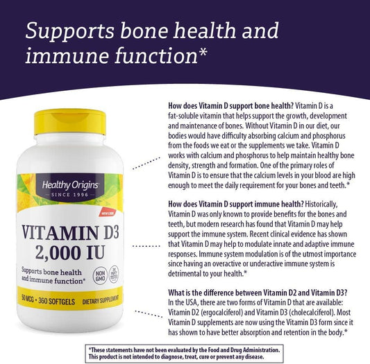 Healthy Origins Vitamin D3 (Lanolin) 2,000 IU - Bone Health and Immune Support Supplement - Easily Absorbable Vitamin D Supplements - Gluten-Free Vitamin D3 Supplement - 360 Softgels