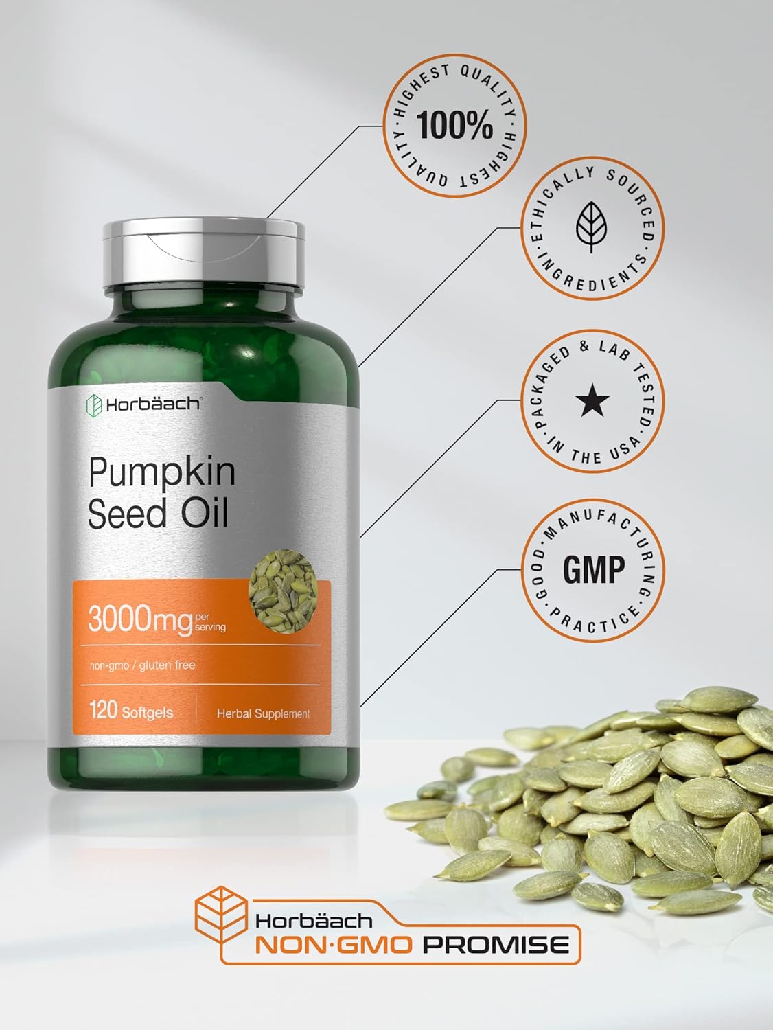 Horbäach Pumpkin Seed Oil | 3000mg | 120 Softgel Capsules | Cold Pressed Dietary Supplement | Non-GMO and Gluten Free Formula : Health & Household