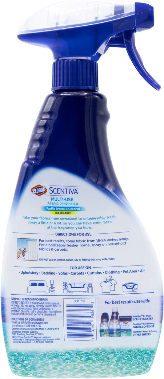 Clorox Scentiva Multi-Use Fabric Refresher Spray | Fabric Freshener for Closets, Upholstery, Curtains, and Carpets | Pacific Breeze & Coconut | 16.9 Ounces