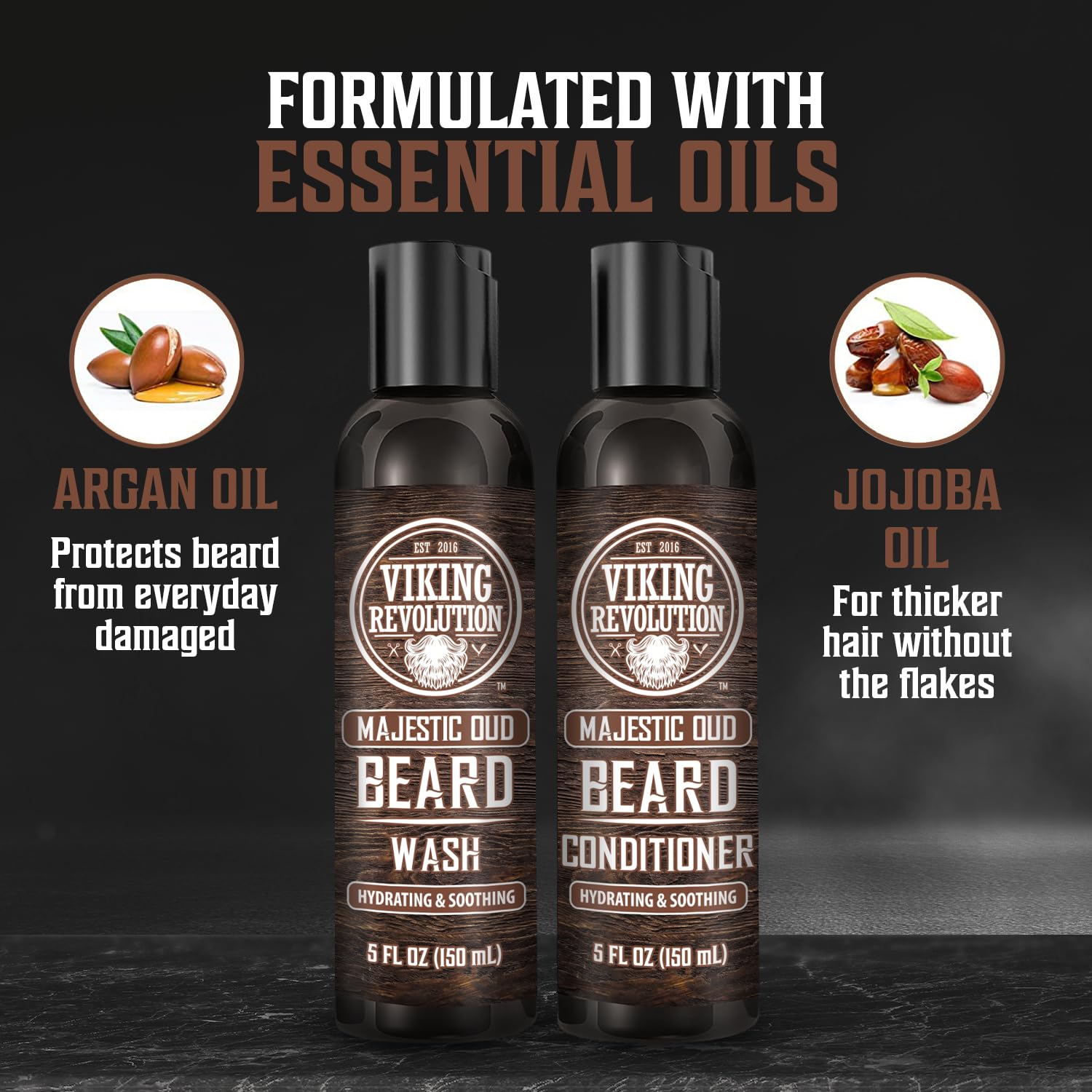 Viking Revolution Beard Wash and Beard Conditioner for Men with Argan Oil and Jojoba Oil - Beard Softener and Strengthener Beard Care Beard Shampoo and Conditioner with Beard Oil (5oz, Majestic Oud) : Beauty & Personal Care