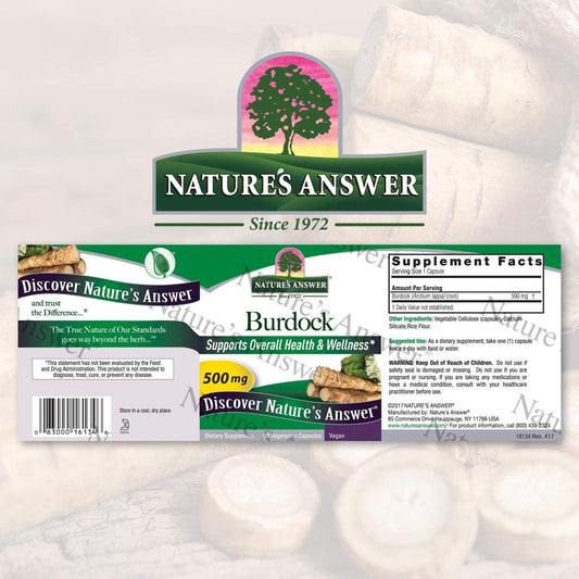 Nature's Answer Burdock Root 500mg 90-Capsules | Natural Detoxifier | Promotes Blood Circulation | Joint & Skin Support | Liver & Kidney Function | Gluten-Free, Non-GMO, Vegan | Single Count