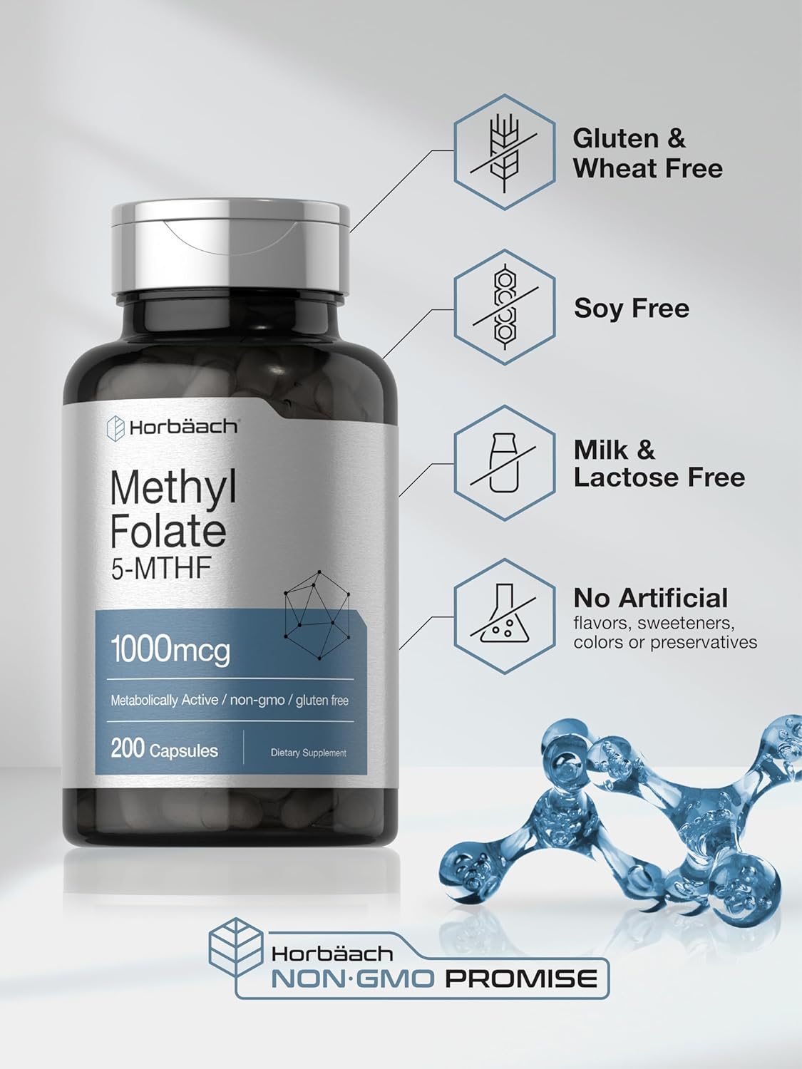 Horbäach Methyl Folate 1000 mcg | 200 Capsules | 5-MTHF | Folic Acid Supplement | Non-GMO, Gluten Free Methylfolate : Health & Household