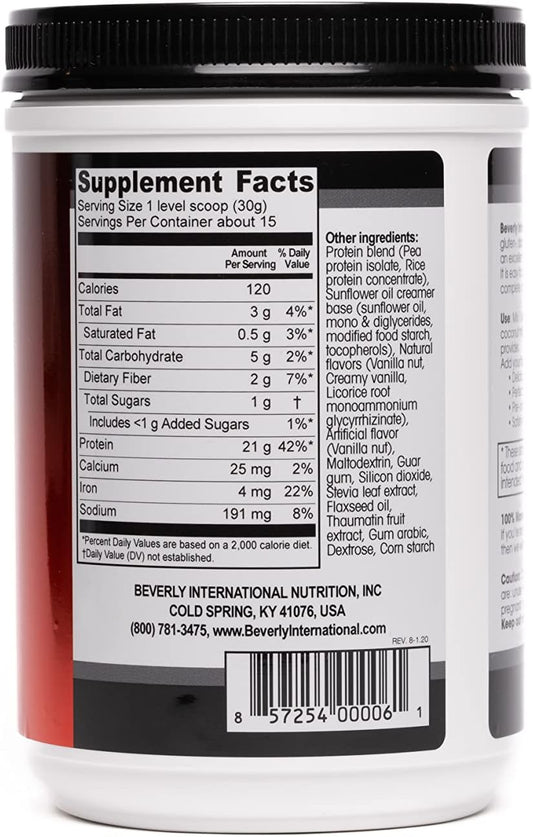 Beverly International Pbp, Plant Based Protein. Vegan, Gluten, Dairy, Soy-Free. Great Vanilla Taste, Smooth, Easy To Digest, 21G Protein Per Serving, (15 Servings) 1Lb. Complete Amino Acid Profile