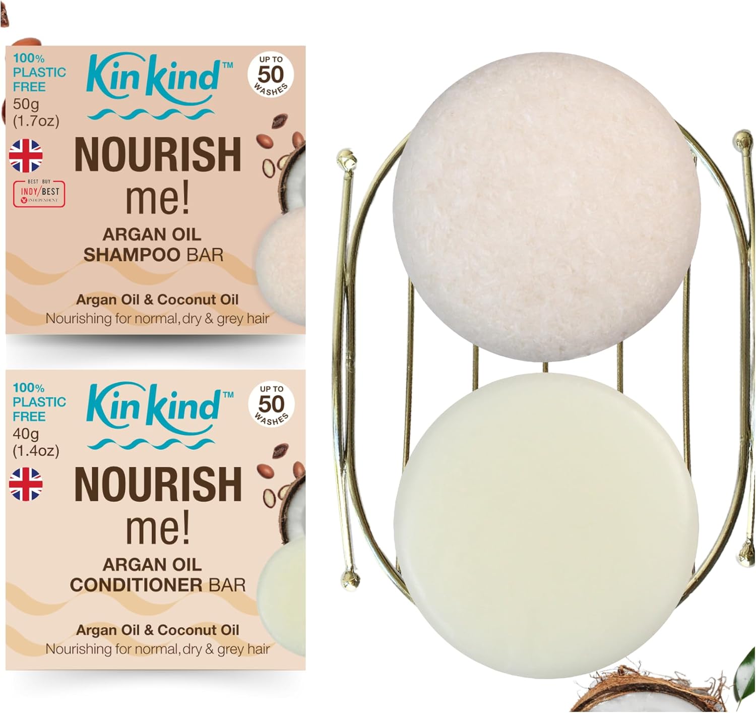 Kinkind Nourish Me! Shampoo And Conditioner Bar Set. Argan Oil & Coconut Oil Shampoo Bar And Conditioner For Hydration & Softness, For Normal, Dry And Grey Hair. For Travel. Up To 50 Washes. Uk Made
