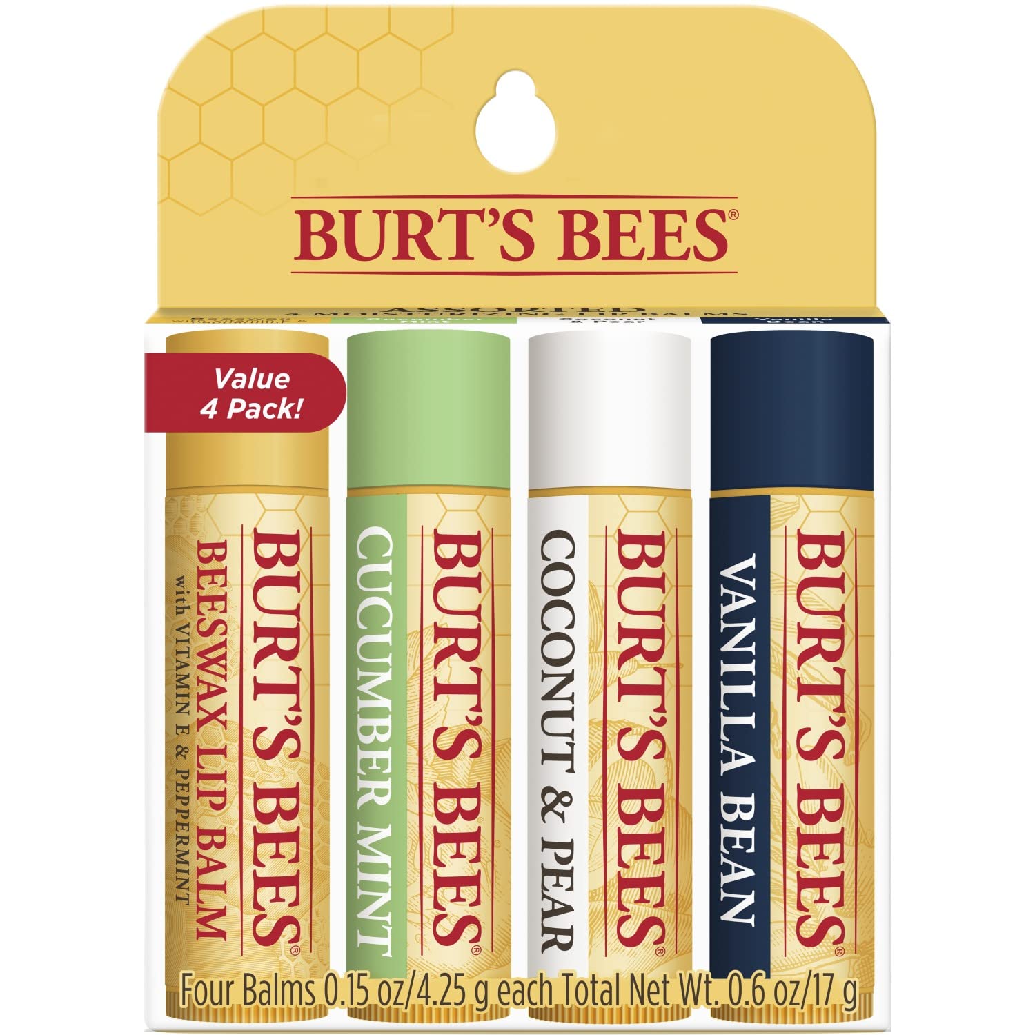 Burt'S Bees Lip Balm Mothers Day Gifts For Mom - Beeswax, Cucumber Mint, Coconut & Pear, And Vanilla Bean, With Responsibly Sourced Beeswax, Tint-Free, Natural Origin Lip Treatment, 4 Tubes, 0.15 Oz