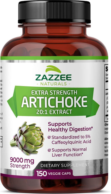 Zazzee Extra Strength Artichoke 20:1 Extract, 9000 Mg Strength, 5% Caffeoylquinic Acid, 150 Vegan Capsules, 5 Month Supply, Concentrated And Standardized 20X Extract, Non-Gmo And All-Natural